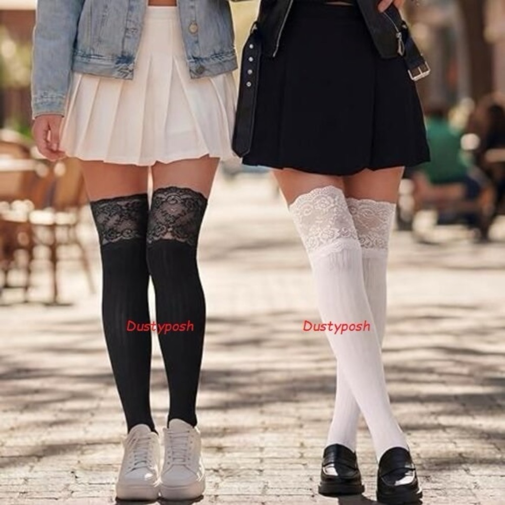 Lace Top Thigh High Socks Ribbed Over The Knee OTK - Picture 6 of 11